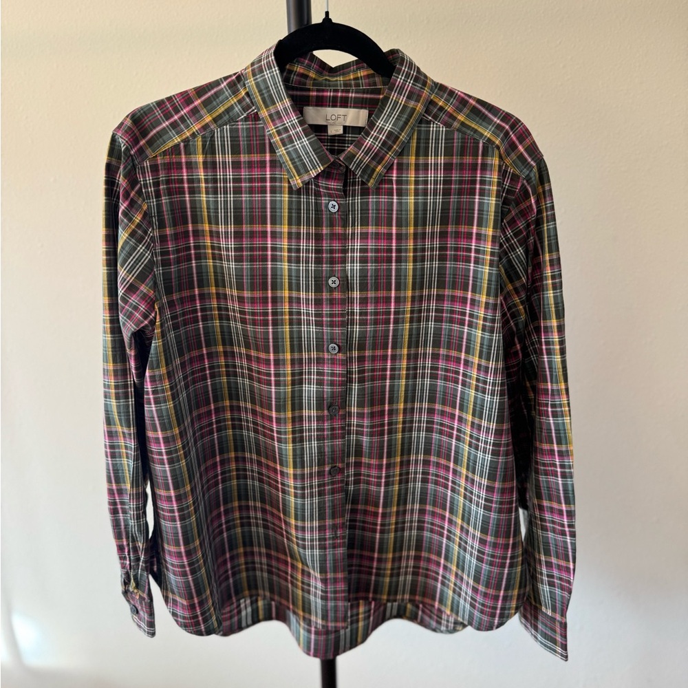LOFT Women's Boxy cropped Plaid Button-Down Shirt - Red, Yellow, Green